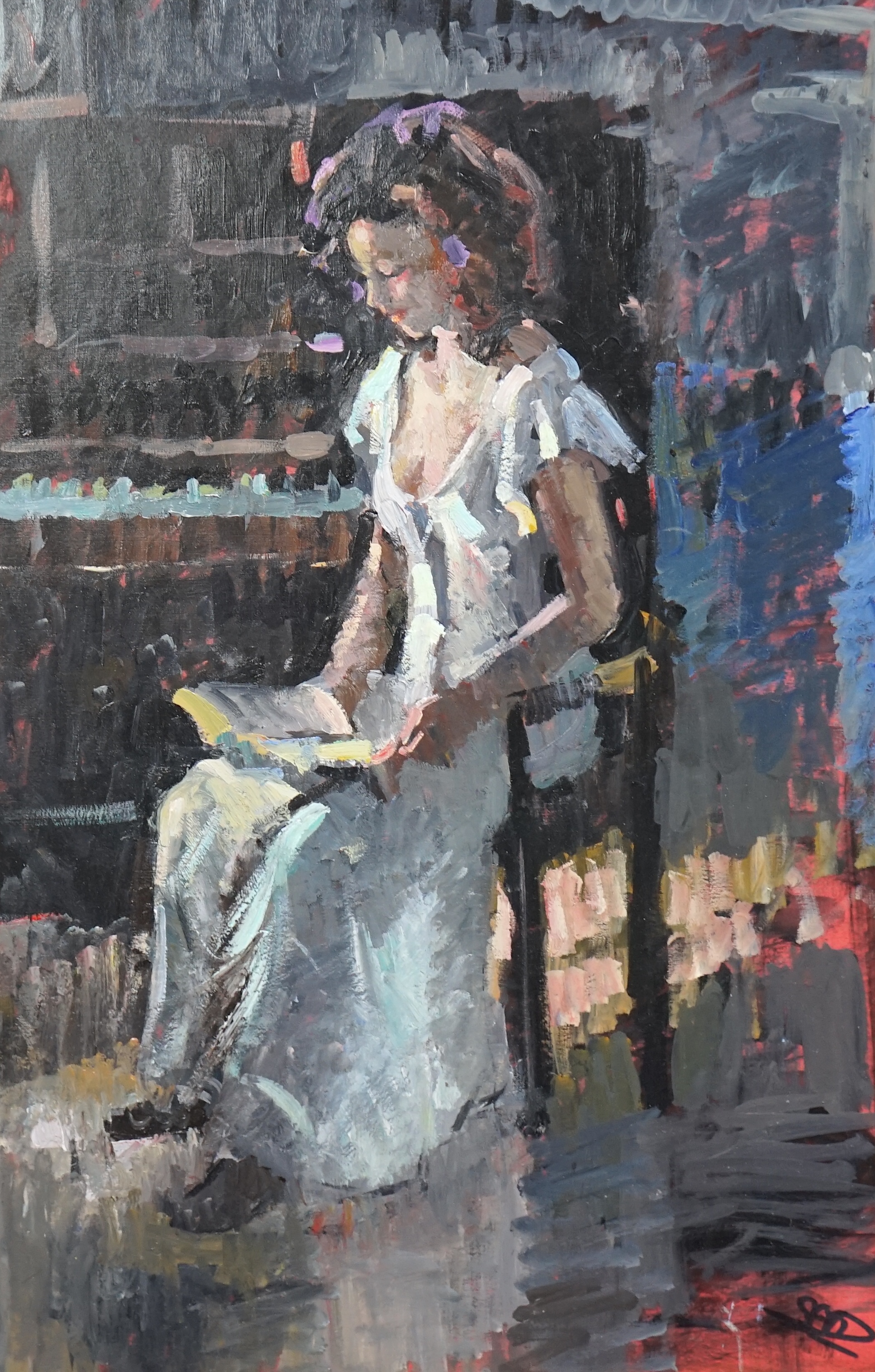 Sherree Valentine-Daines (1956-), Woman in white dress reading a book, oil on card, 52 x 33cm